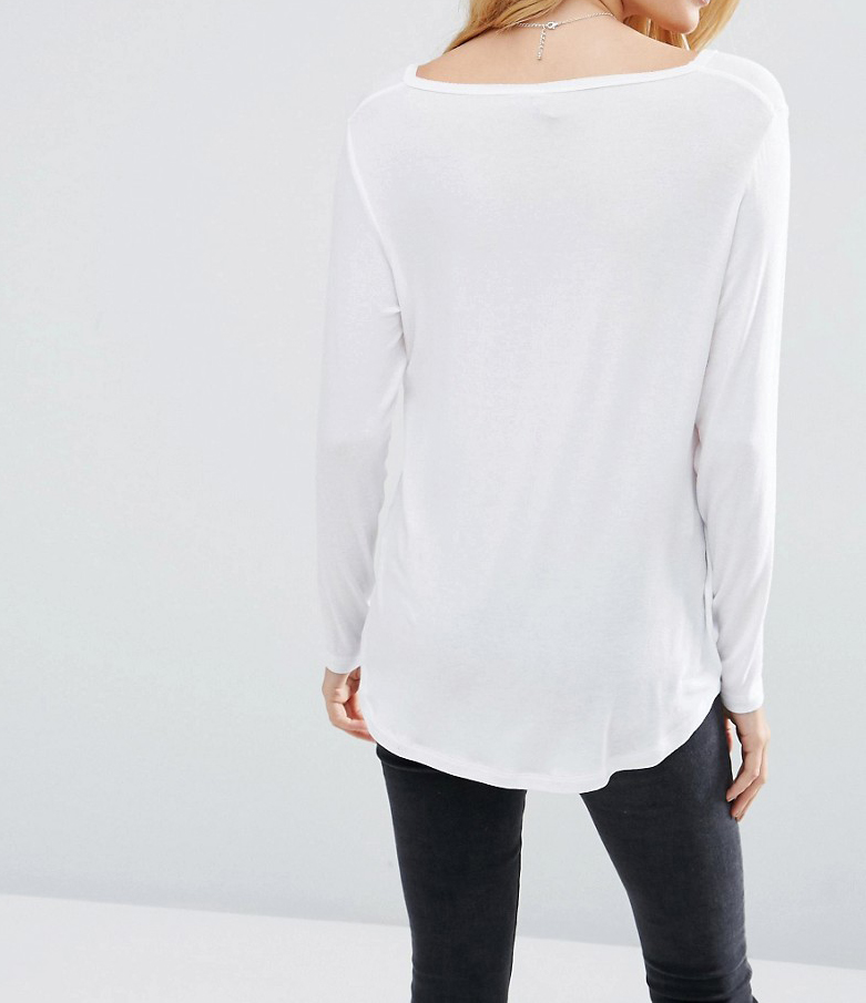 White Long Sleeve and DIP Back Wholesale Fashion Women T Shirt