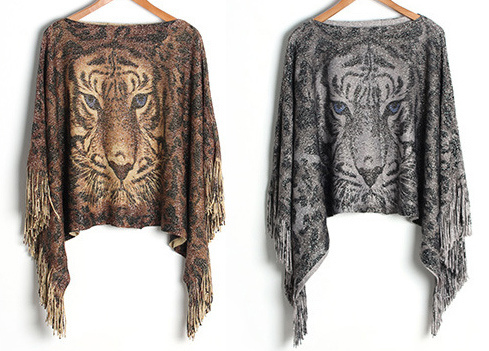 Womens Sweater Cardigan Wraps Lurex Tiger Printing Winter Knitted Shawls Poncho (SP611)