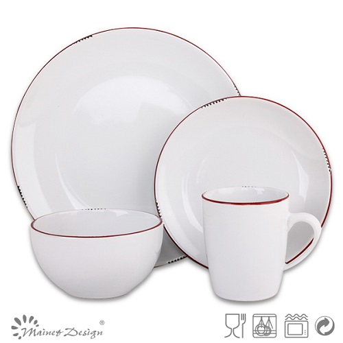 16PCS Dinnerware Set White Glaze with Red Rim Peel Design