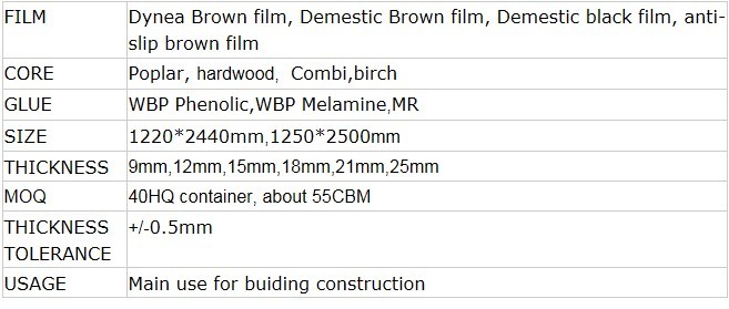 21*1250*2500mm Poplar Core Marine Film Faced Plywood Brown Film