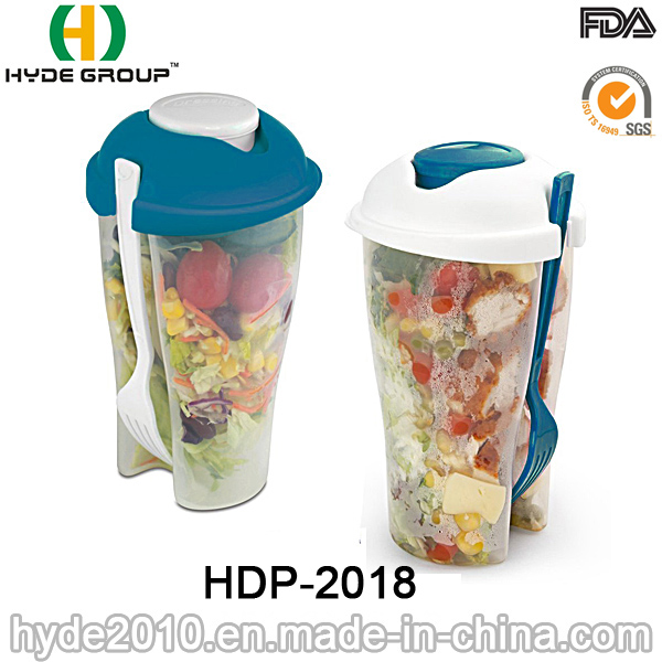 Hot Sales Salad Container Plastic Shaker Cup with Fork (HDP-2018)
