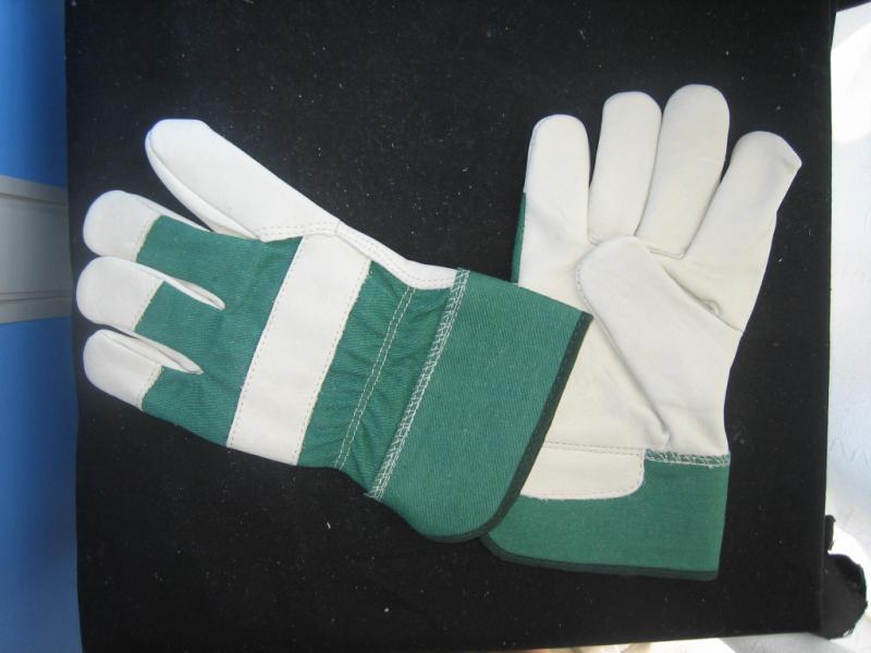 Cow Grain Full Palm Green Color Drill Cotton Back Work Glove