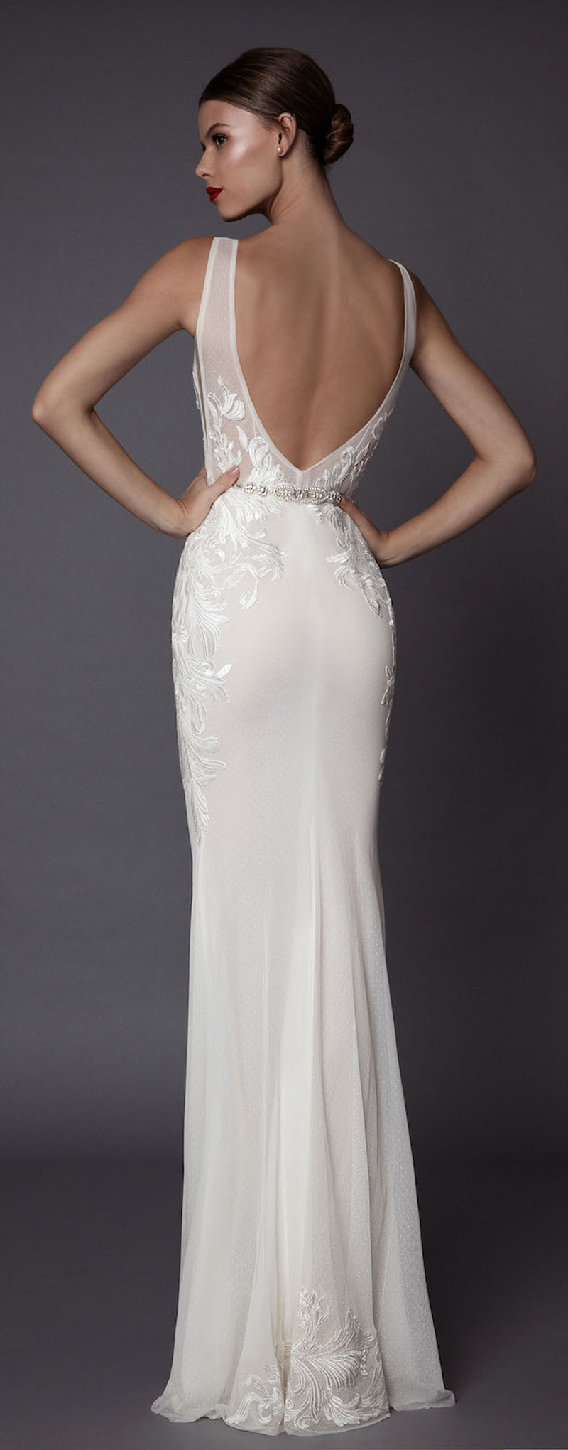 The Sheath Embroideried Deep V Neck Wedding Dress