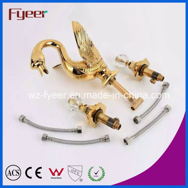 Fyeer Fashionable Golden Double Handle Swan Wash Basin Faucet