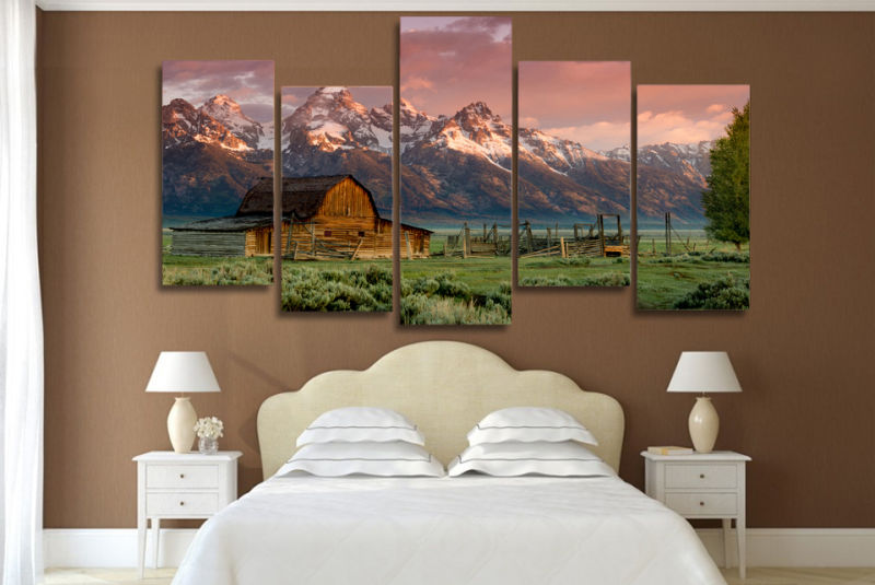 HD Printed Barn Teton Rocky Mountains Painting on Canvas Room Decoration Print Poster Picture Mc-040