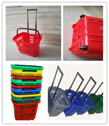 30L Plastic Rolling Shopping Basket with Two Handles