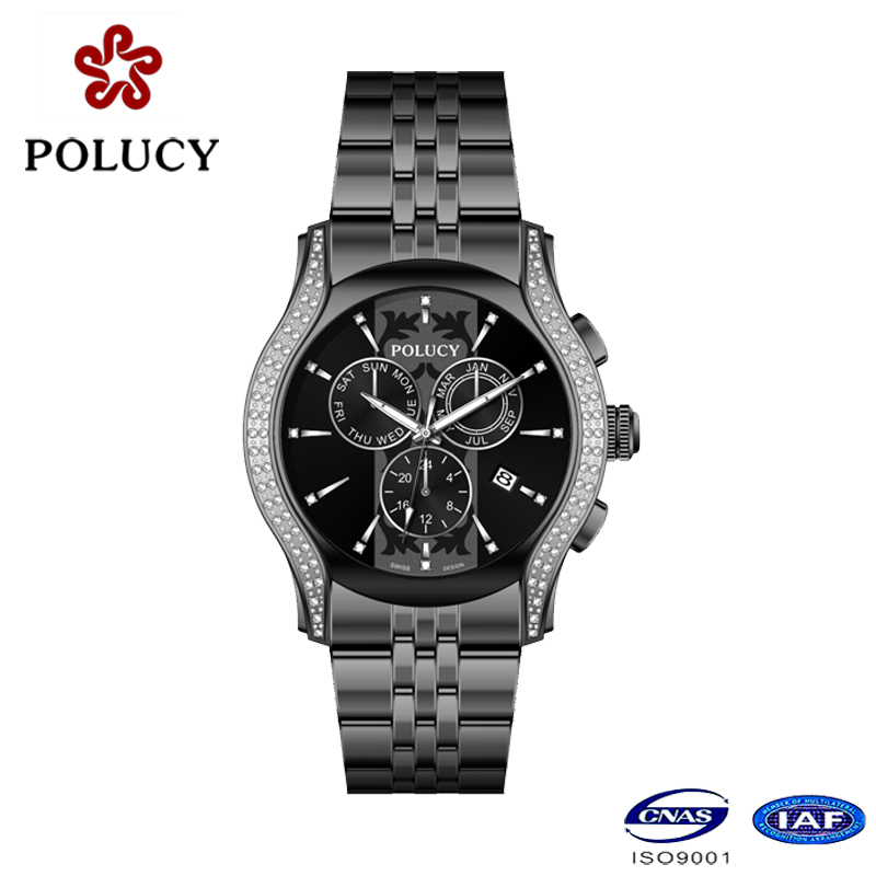 Chronograph Black Slim Stone Quartz Watch for Men