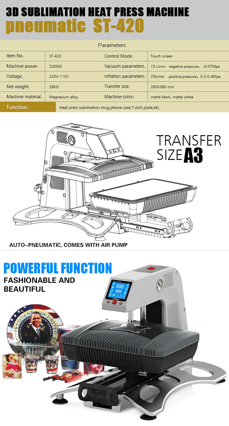 Pneumatic 3D Vacuum Sublimation T-Shirt Heat Transfer Printing Machine (ST-420)