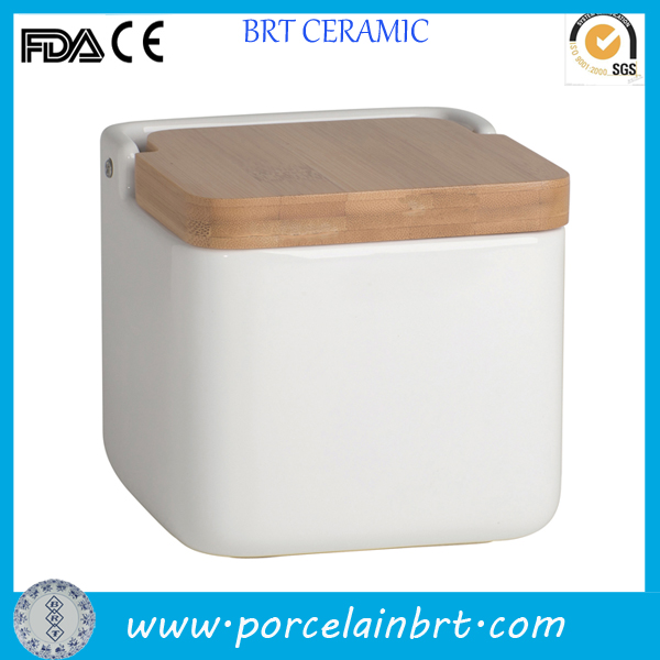 Square White Bamboo Lid Ceramic Food Storage Jar