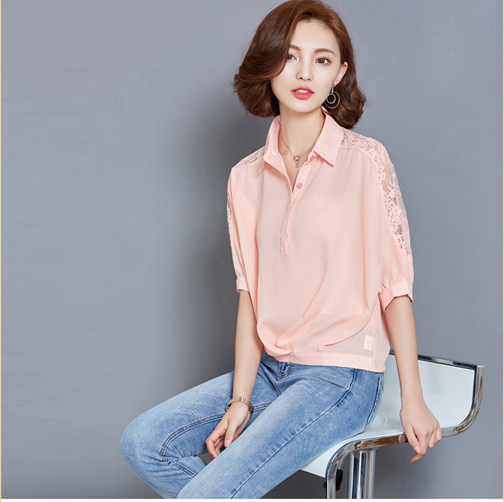 Fashion Chiffon Ladies Blouse with Lace Sleeve