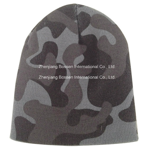 OEM Produce Camouglage Logo Printed Knitted Acrylic Customized Beanie Sports Cap