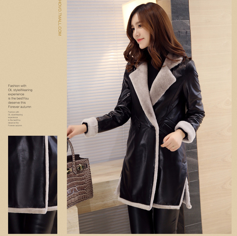 Long Shearling Leather Coat Black Leather Coat Long Style for Women Fur Coat