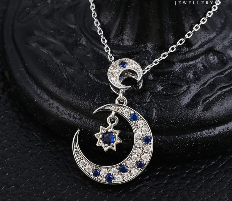 00117 Fashion Rhodium CZ Moon Star Design Jewelry Pendant Necklace