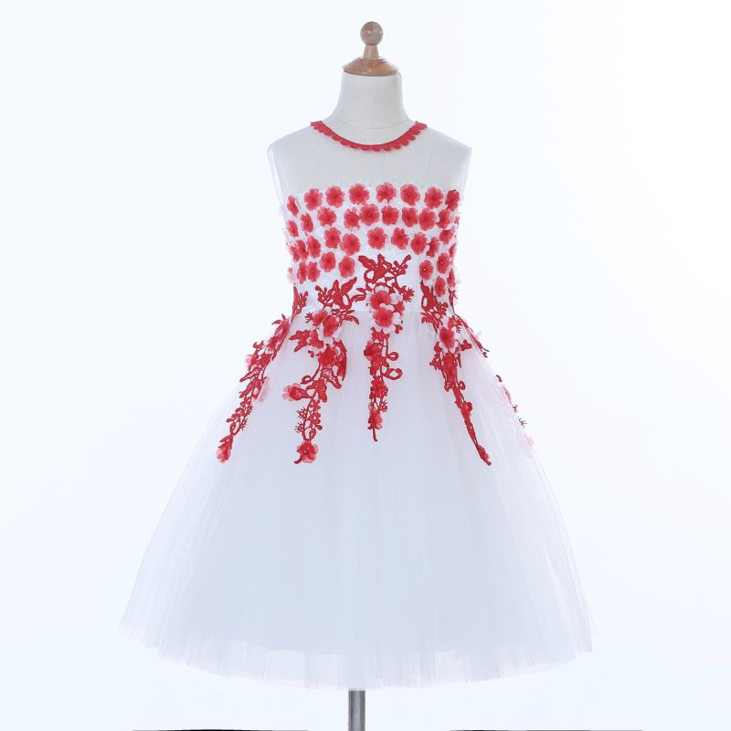 White/Red Flower Girl Dress for Wedding and Ceremonial