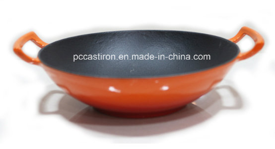 Enamel Cast Iron Wok Cookware with Wooden Cover Dia 36cm