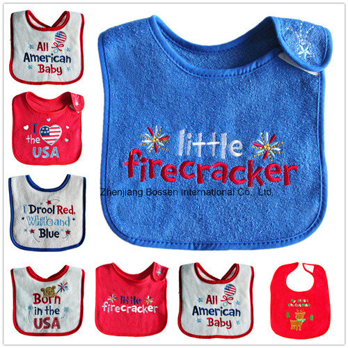 Promotional Customized Cotton Soft Embroideried & Applique Cute Cartoon Waterproof Absorbent Terry Baby Bibs