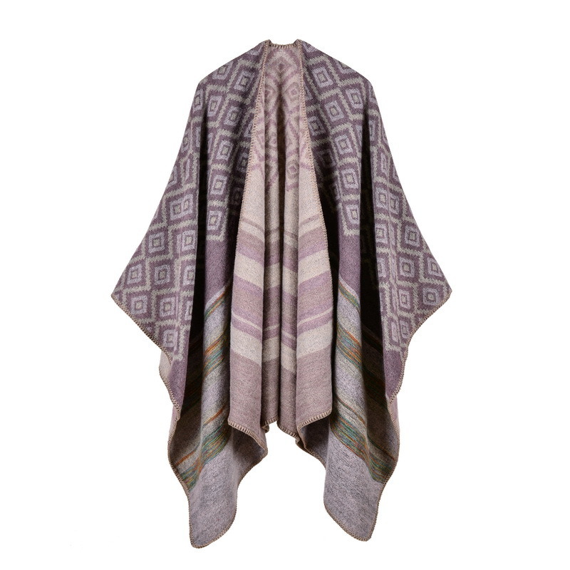 Women's Color Block Open Front Blanket Poncho Geometric Cashmere Cape Thick Warm Stole Throw Poncho Wrap Shawl (SP217)