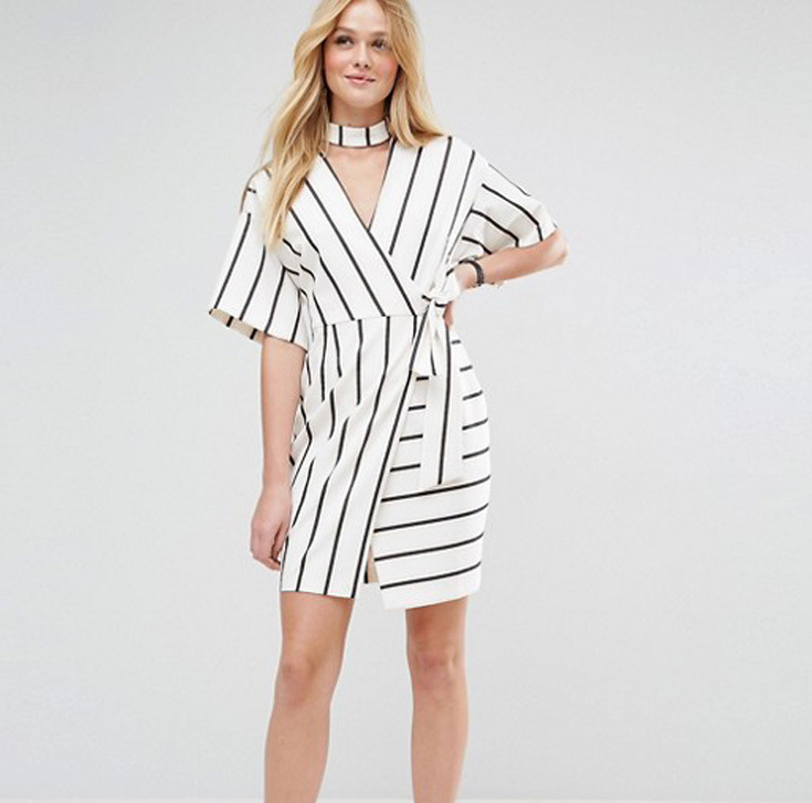 Wrap Stripe Dress with Choker Detail