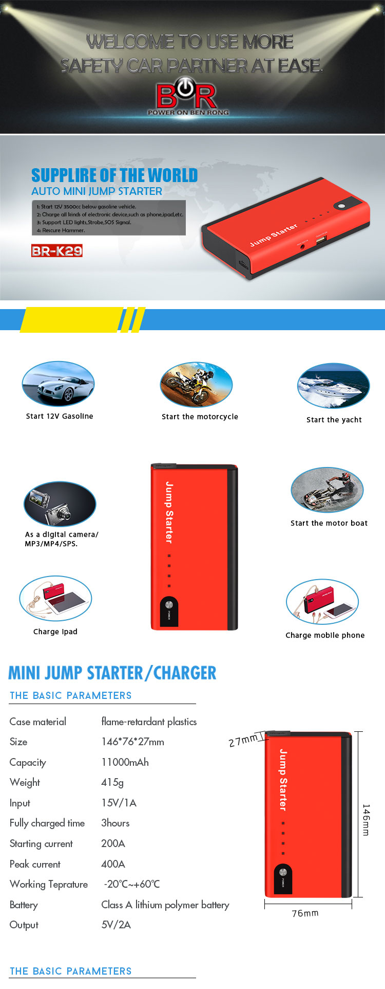 Rechargeable Battery Multi-Function Jump Starter---11000mAh