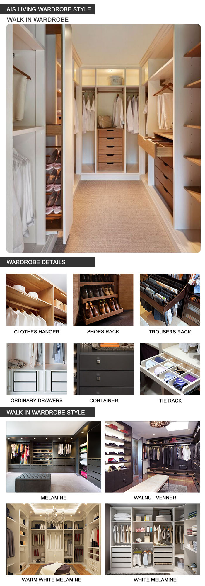 Customized Walk in Melamine Wardrobe Closet (AIS-W004)