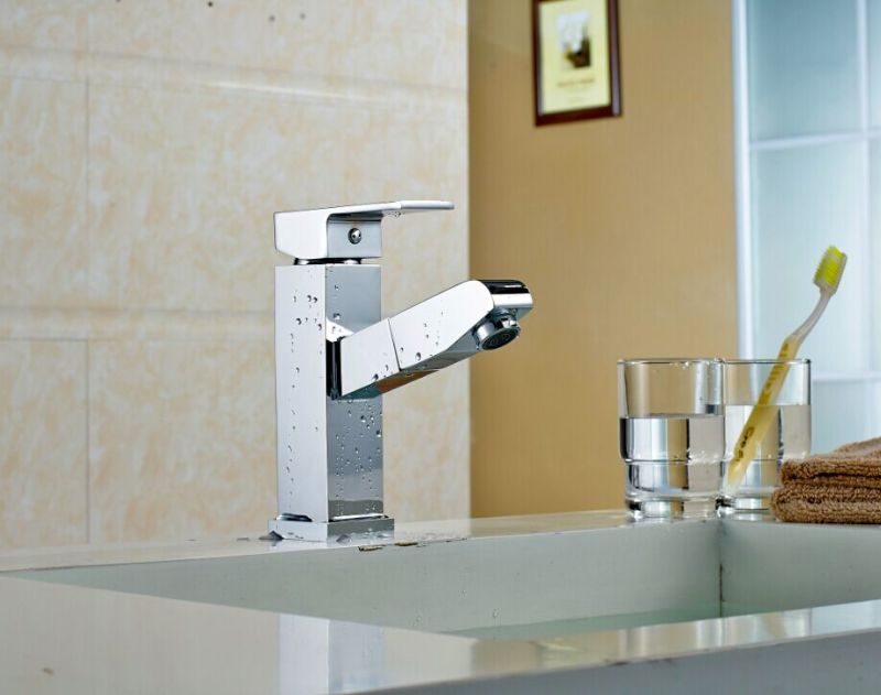 Q13004 Chrom Extensible Spout Deck-Mount Basin Faucet Mixer Tap