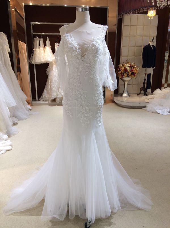 Mermaid Wrap Lace Applique off White Wedding Dress