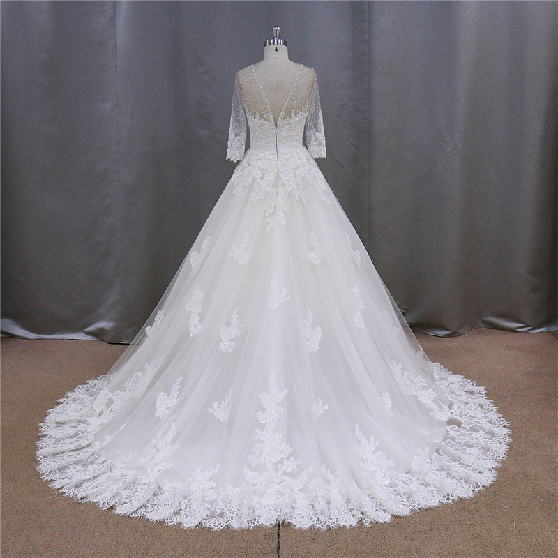 A-Line Lace Beading 3/4 Sleeves Bride Dress