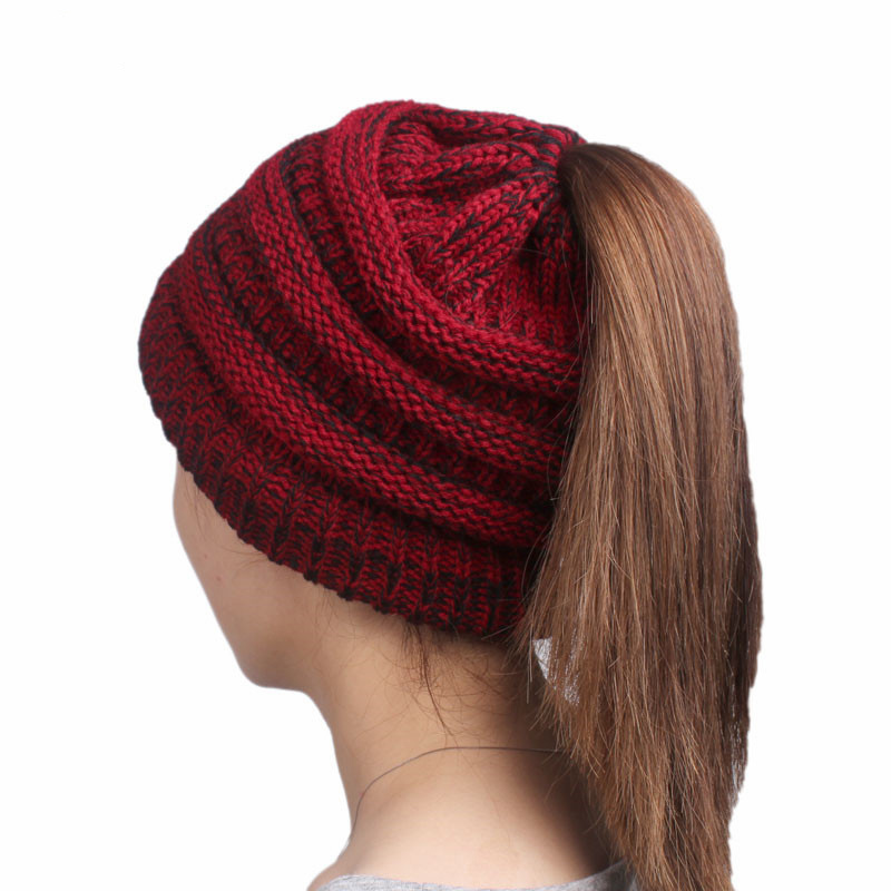 Women's Soft Stretch Cable Knitted Messy High Bun Ponytail Cap Beanie Hat (HW131)