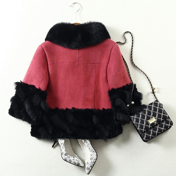 Real Sheep Leather Fox Fur Coat for Women Short Style