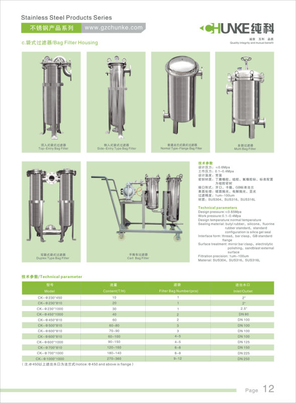 Multi Capacity Stainless Steel Water Bag Filter Housing