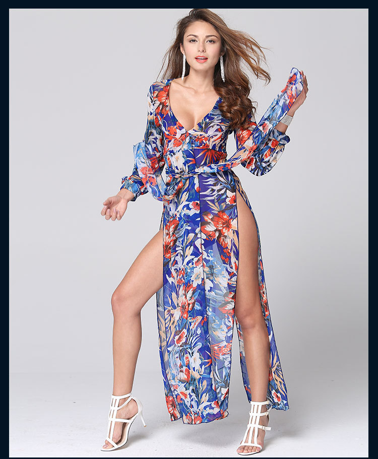 Sexy Casual Dress Long Sleeve Deep V Neck Two Split Printing Long Maxi Dress