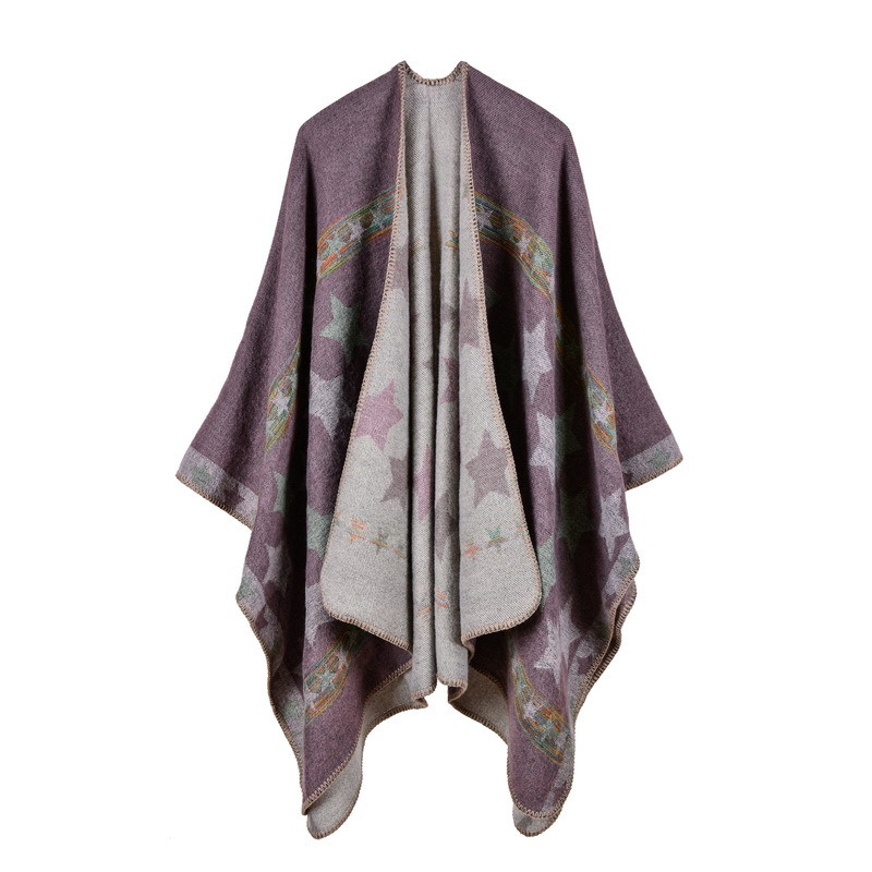 Women's Color Block Open Front Blanket Poncho Bohemian Cashmere Like Star Printing Cape Thick Warm Stole Throw Poncho Wrap Shawl (SP222)