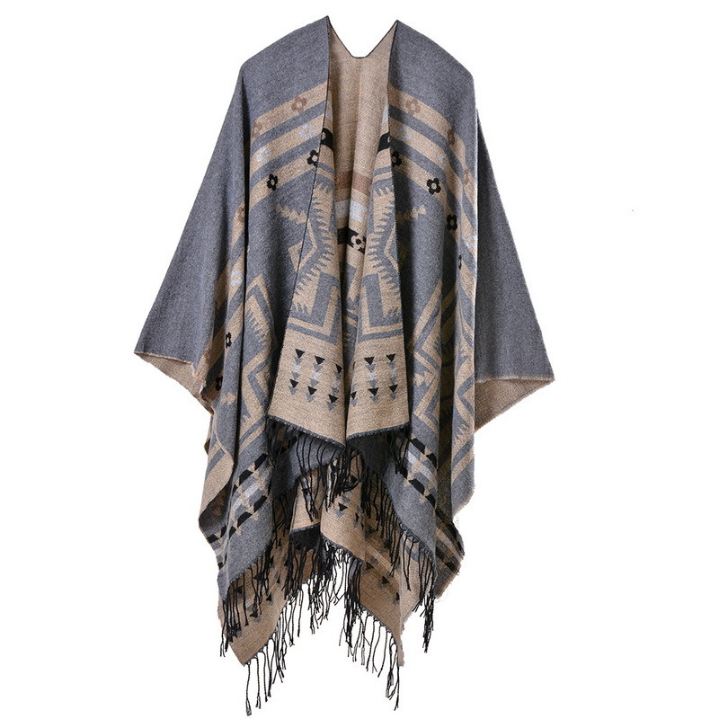 Women's Color Block Open Front Blanket Poncho Bohemian Cashmere Like Cape Thick Warm Stole Throw Poncho Wrap Shawl (SP220)