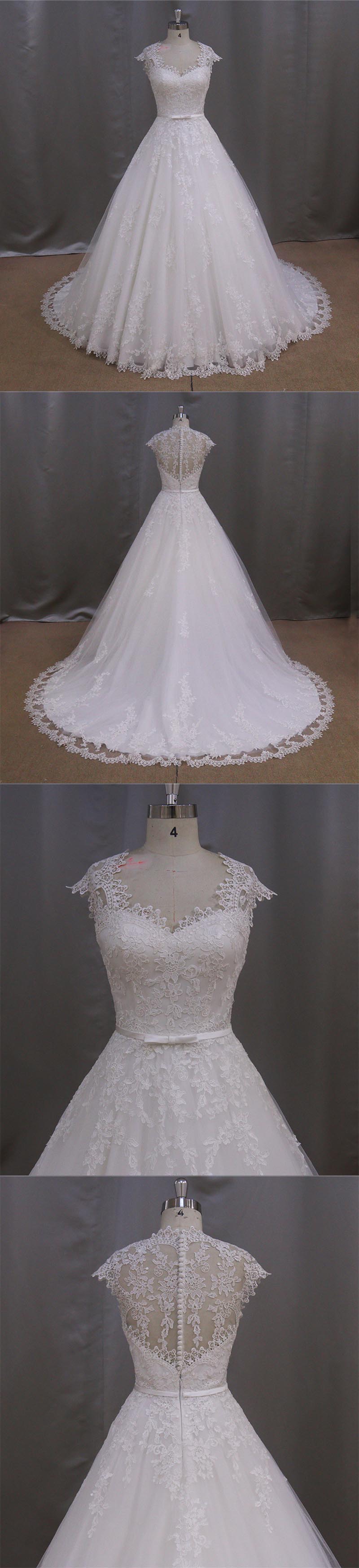 2016 Newest Cap Sleeve Sheer Back A Line Lace Bridal Wedding Dress