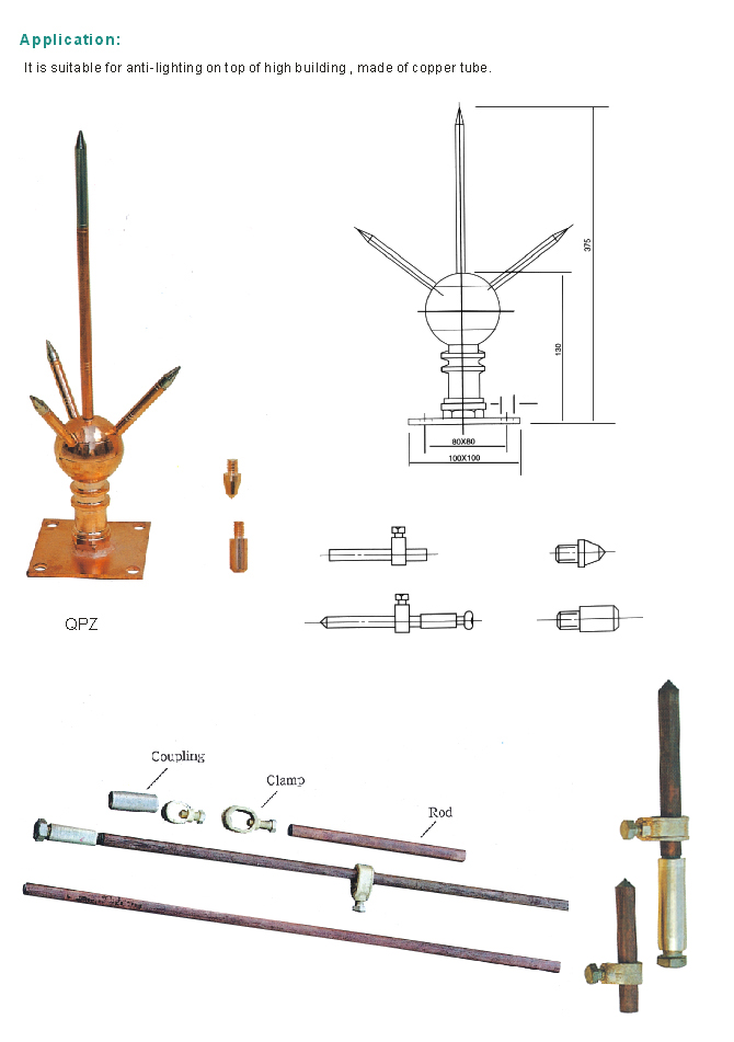 Qpz Imported Ball Type Lighting Rod, Job Earth Rod, Clamp