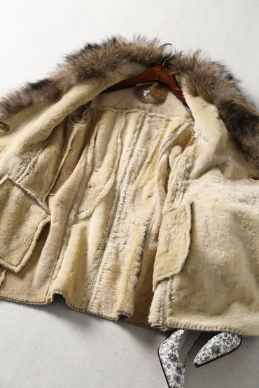 Real Rabbit Leather and Fur Coat with Raccoon Fur on Collar Women Long Style