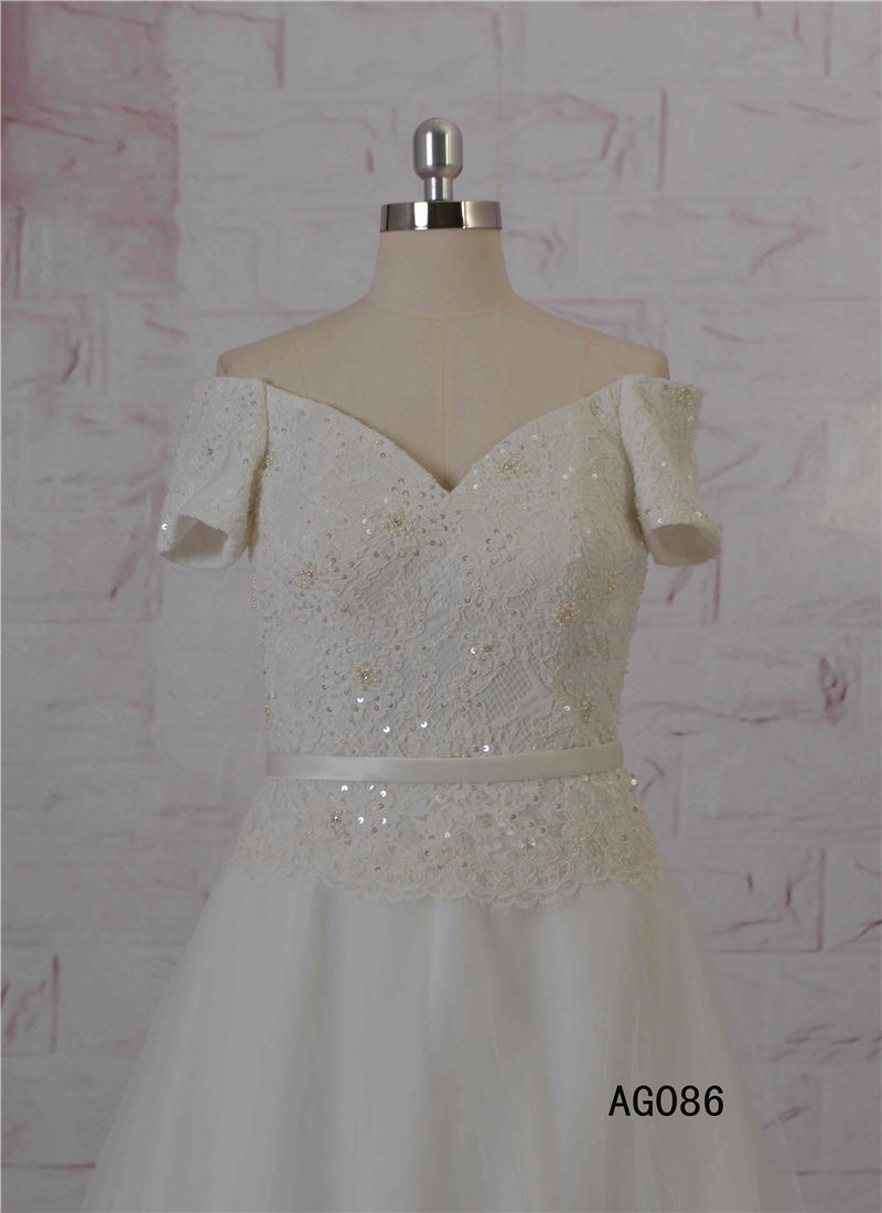 2016 Guangzhou Factory Short Sleeves Beaded Lace A-Line Wedding Bridal Dress Gown