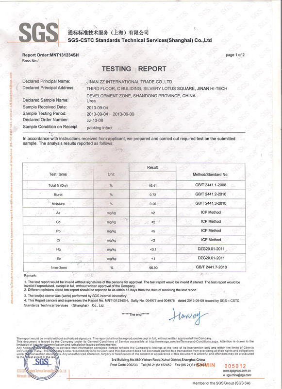 Nitrogen Fertilizer Urea (N: 46%) with SGS Test Report