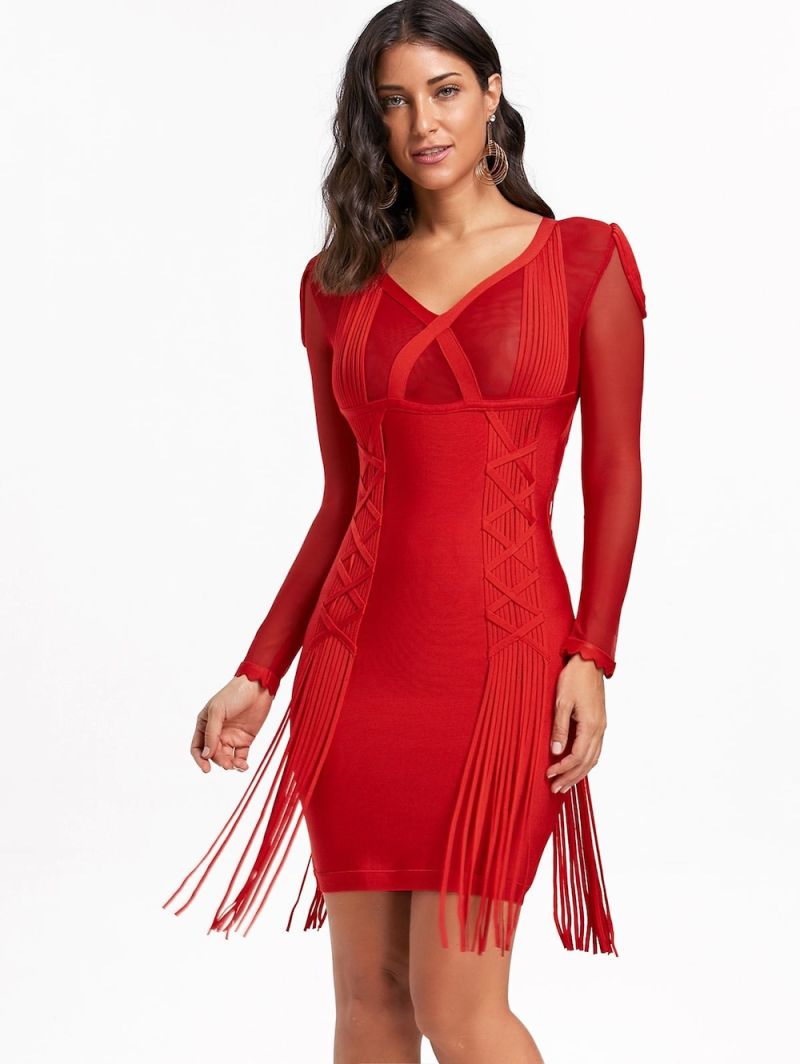 Lady Red Bandage Dress with V-Neck Collar Tassel Dress