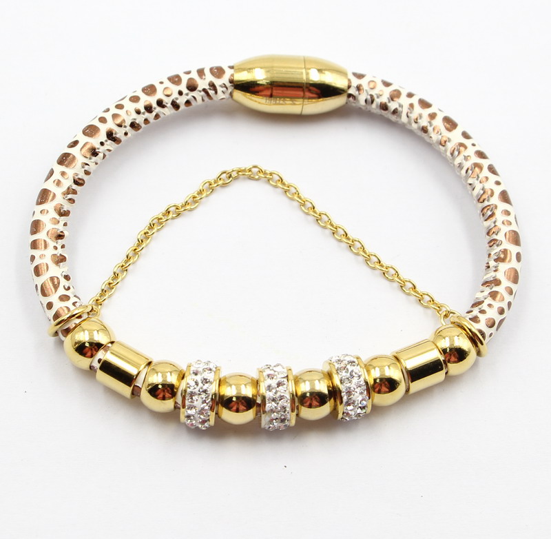 Fashion Magnet Leather Bracelet with Gold Plated Stainless Steel Bead & Zirconia Beads