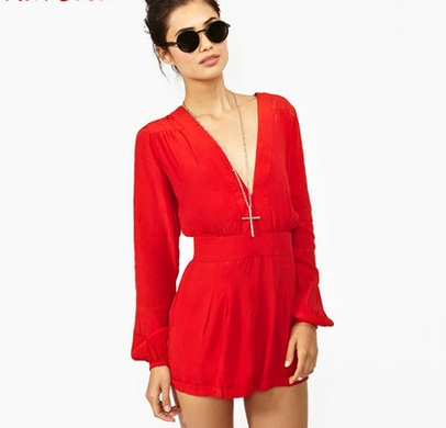 OEM Latest Women Red Lady Chiffon Jumpsuit Long Sleeve Ladies Romper