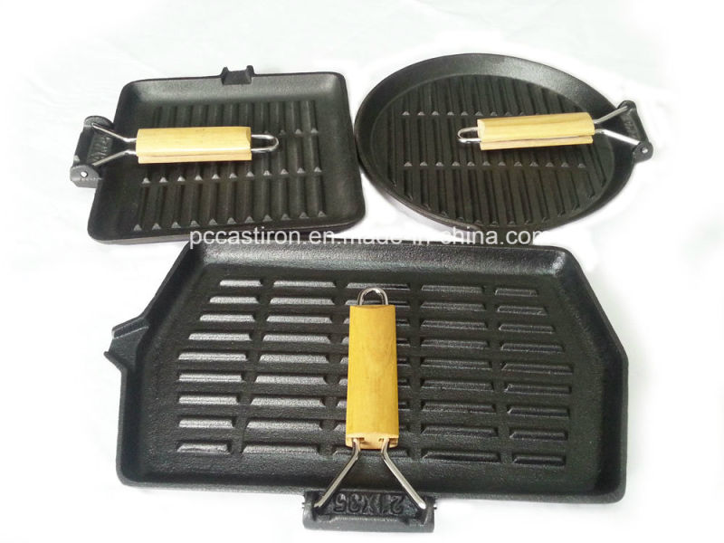 Preseasoned Cast Iron Grill Pan with Wooden Handle