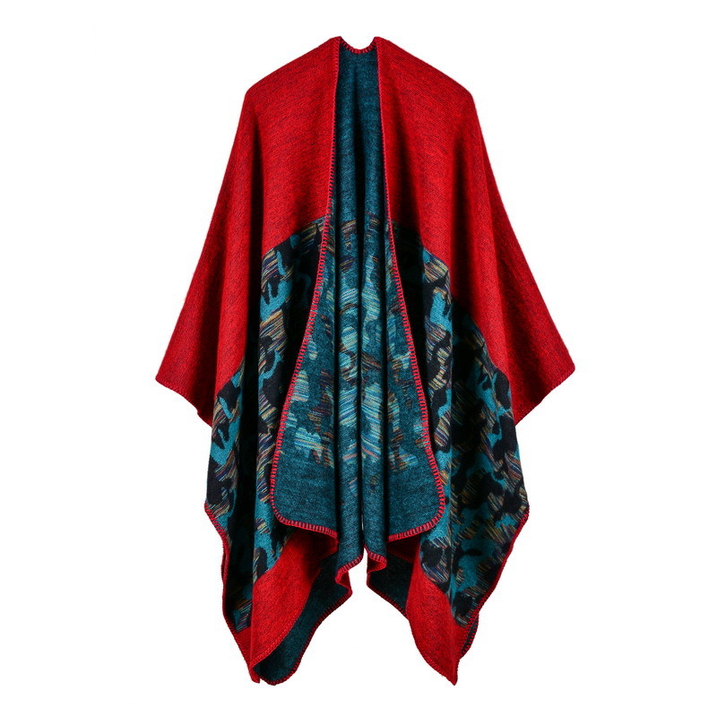 Women's Color Block Open Front Blanket Poncho Bohemian Cashmere Like Cape Thick Winter Warm Stole Throw Poncho Wrap Shawl (SP232)