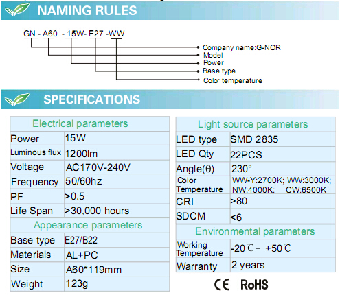 LED Bulb A60 15W CE RoHS Approval