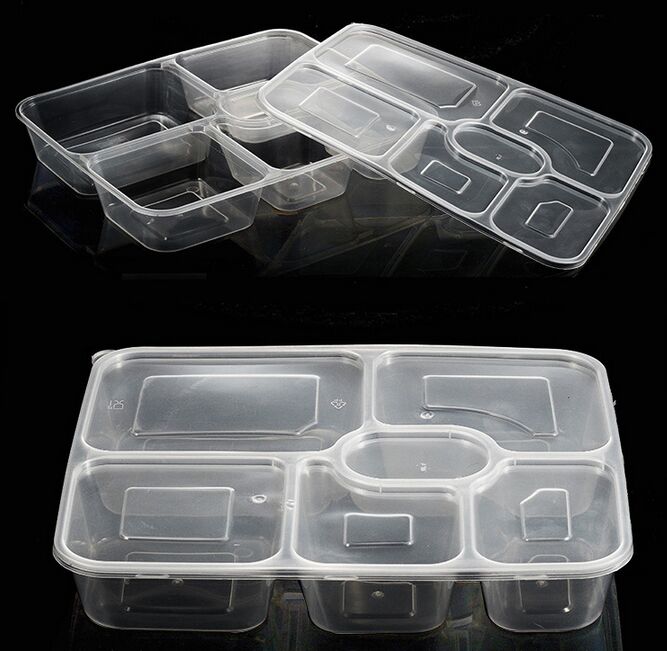 Disposable 6 Compartment Bento/Meal/Peanuts Box with Clear Lids/Cover