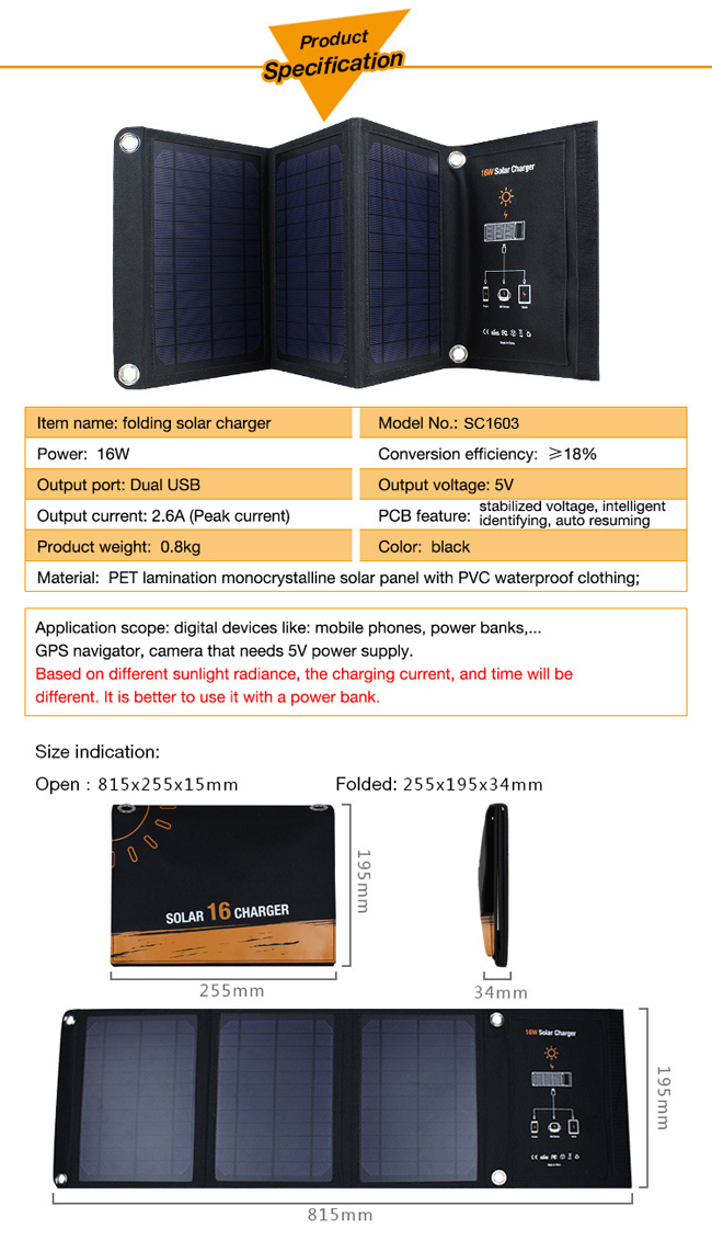 Universal 16W Folding Solar Panel Charger External Power Bank