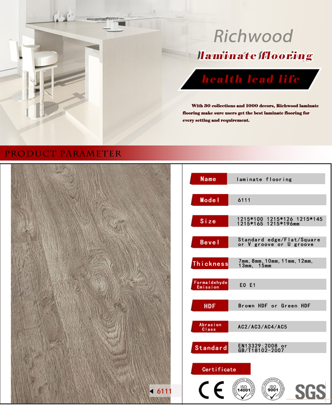 Commercial 12.3mm E0 AC4 Embossed Walnut Wooden Wood Vinyl Laminate Floor