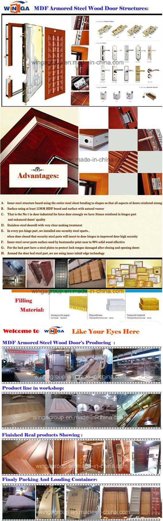 Turkey Structure Popular Sell MDF Steel Wood Armored Door (W-T17)