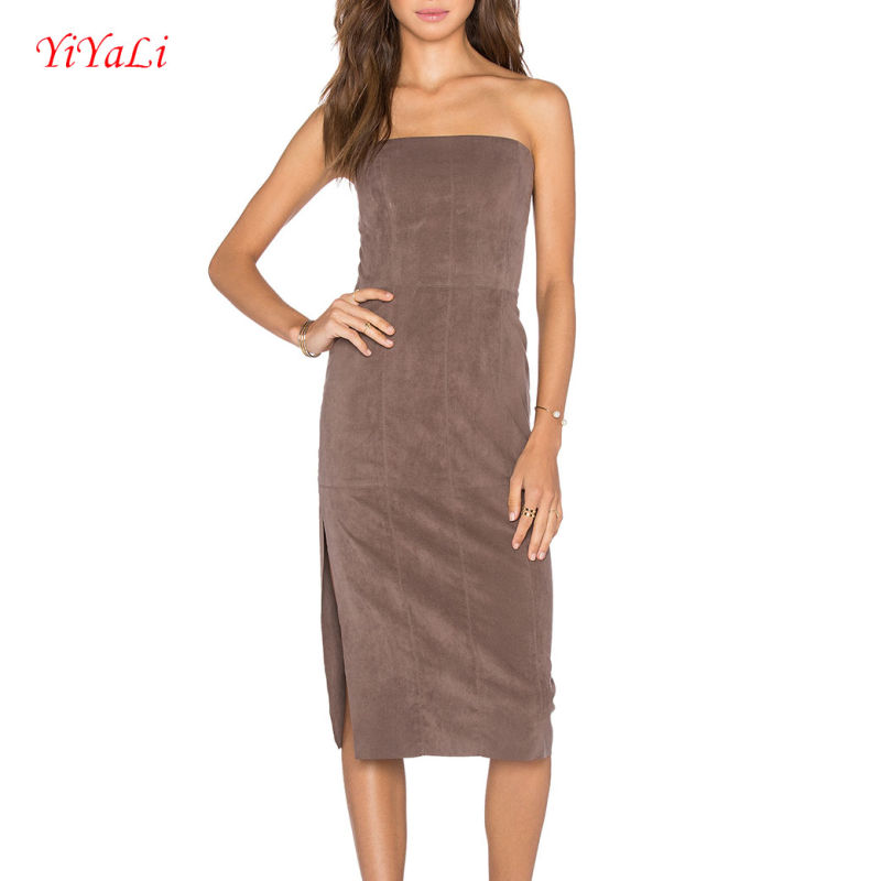 Strapeless Suede Slip MIDI Dress