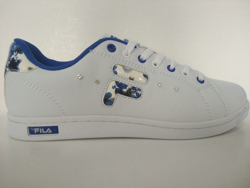 Rhinestone Blue Flower Printed White Women Skate Shoes